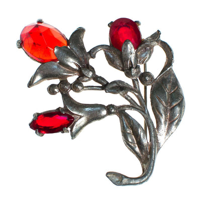 Vintage 1940s Red Rhinestone Flower Brooch Silver Tone Pot Metal by 1940s - Vintage Meet Modern Vintage Jewelry - Chicago, Illinois - #oldhollywoodglamour #vintagemeetmodern #designervintage #jewelrybox #antiquejewelry #vintagejewelry