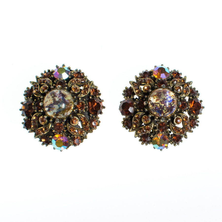 Vintage Fire Opal Citrine Topaz Crystal and Aurora Borealis Clip Earrings by Aurora Borealis - Vintage Meet Modern Vintage Jewelry - Chicago, Illinois - #oldhollywoodglamour #vintagemeetmodern #designervintage #jewelrybox #antiquejewelry #vintagejewelry