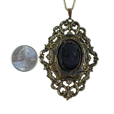 Vintage Victorian Revival Jet Black Cameo in Antique Gold Necklace by 1960s - Vintage Meet Modern Vintage Jewelry - Chicago, Illinois - #oldhollywoodglamour #vintagemeetmodern #designervintage #jewelrybox #antiquejewelry #vintagejewelry