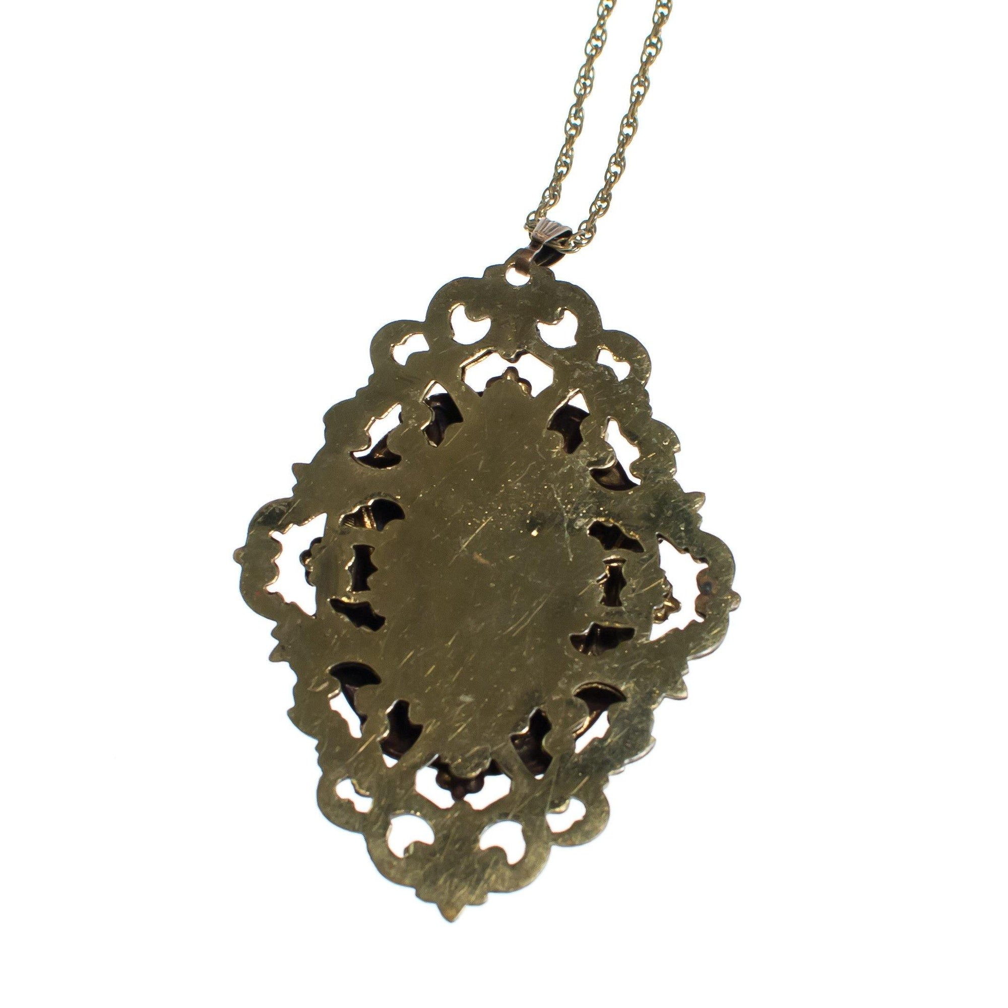 Vintage Victorian Revival Jet Black Cameo in Antique Gold Necklace by 1960s - Vintage Meet Modern Vintage Jewelry - Chicago, Illinois - #oldhollywoodglamour #vintagemeetmodern #designervintage #jewelrybox #antiquejewelry #vintagejewelry