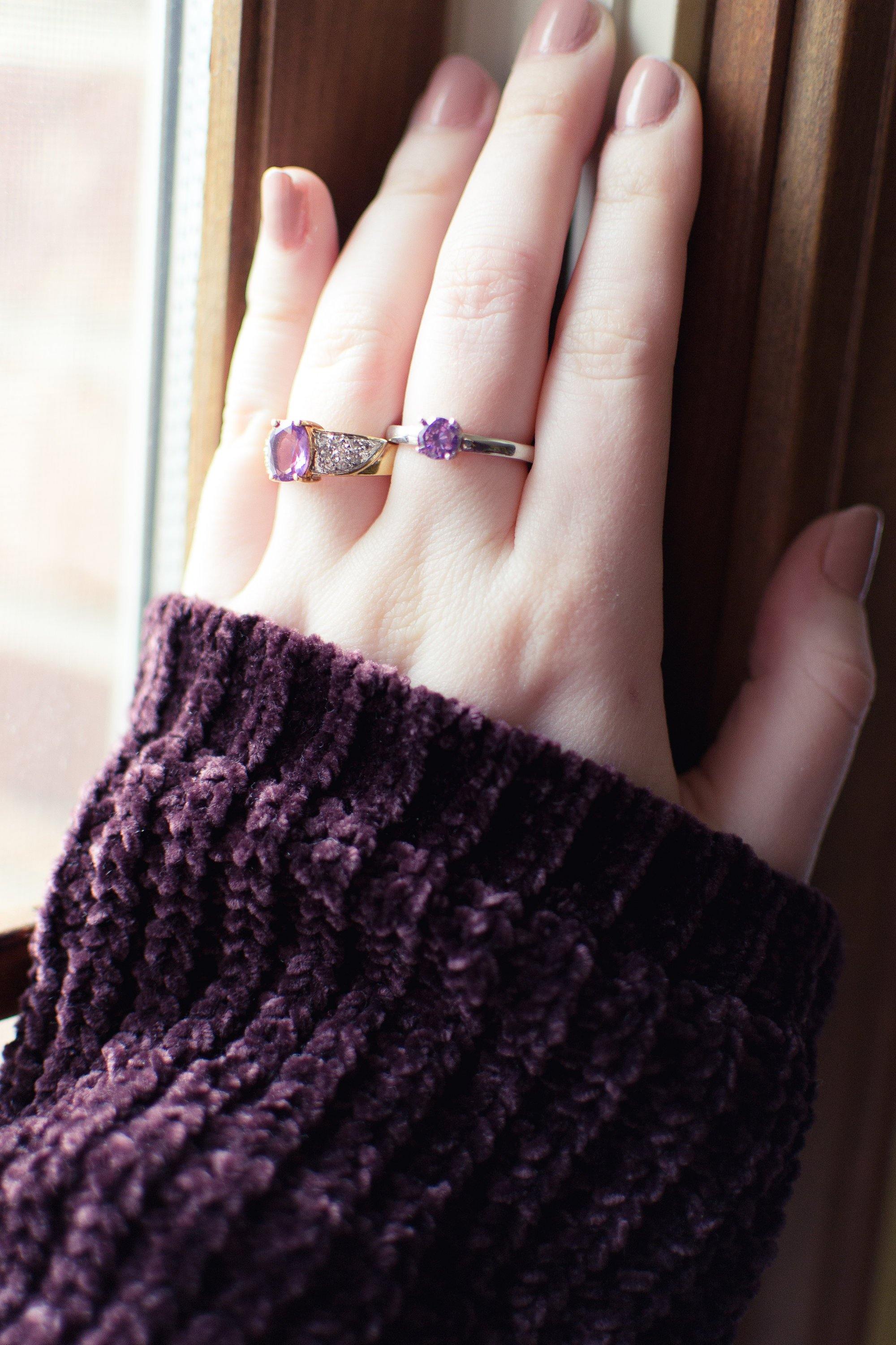 Vintage Amethyst Solitaire Ring Set In Sterling Silver by 1990s - Vintage Meet Modern Vintage Jewelry - Chicago, Illinois - #oldhollywoodglamour #vintagemeetmodern #designervintage #jewelrybox #antiquejewelry #vintagejewelry