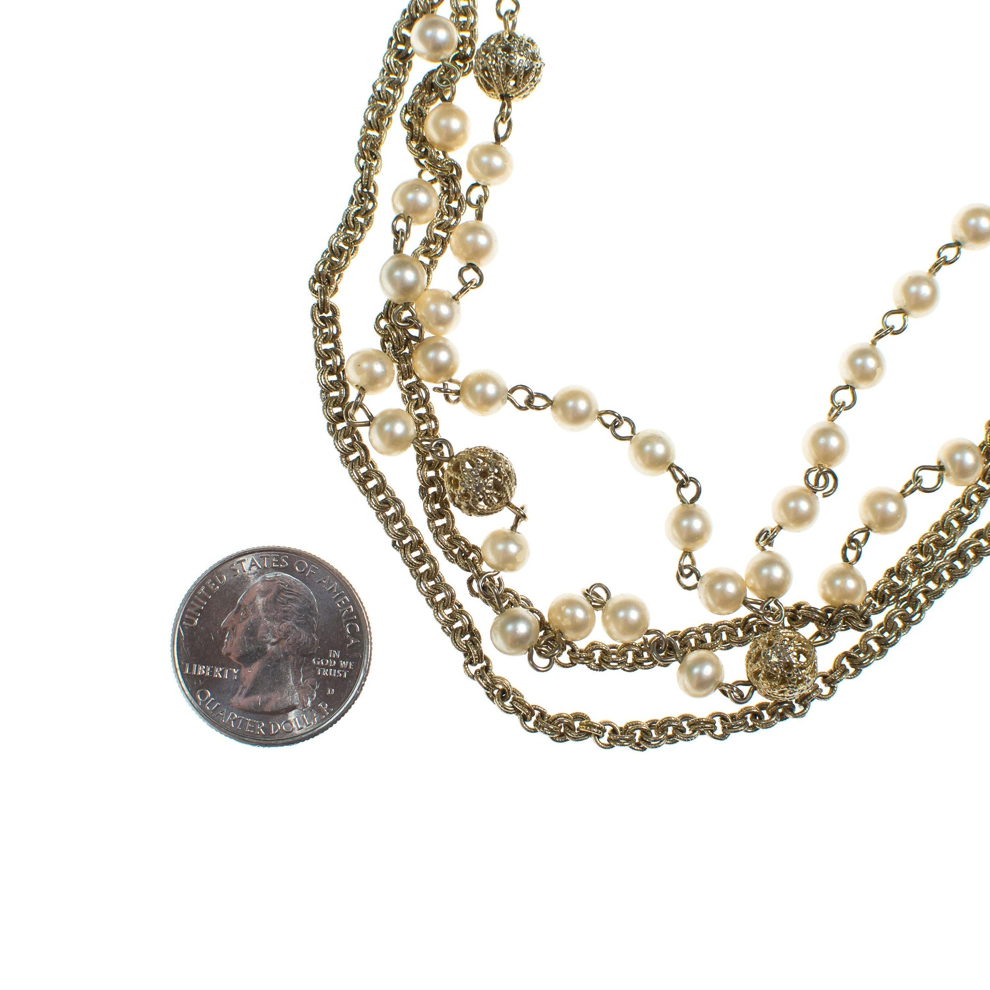 Vintage Pearl and Gold Chain Multi Strand Necklace by 1960s - Vintage Meet Modern Vintage Jewelry - Chicago, Illinois - #oldhollywoodglamour #vintagemeetmodern #designervintage #jewelrybox #antiquejewelry #vintagejewelry