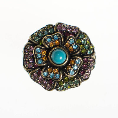 Vintage Heidi Daus Turquoise and Colorful Rhinestone Flower Statement Ring by Heidi Daus - Vintage Meet Modern Vintage Jewelry - Chicago, Illinois - #oldhollywoodglamour #vintagemeetmodern #designervintage #jewelrybox #antiquejewelry #vintagejewelry