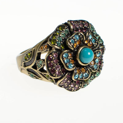 Vintage Heidi Daus Turquoise and Colorful Rhinestone Flower Statement Ring by Heidi Daus - Vintage Meet Modern Vintage Jewelry - Chicago, Illinois - #oldhollywoodglamour #vintagemeetmodern #designervintage #jewelrybox #antiquejewelry #vintagejewelry