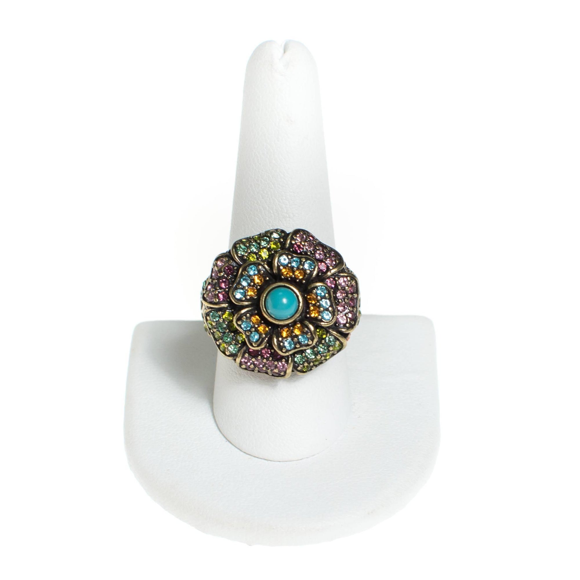 Vintage Heidi Daus Turquoise and Colorful Rhinestone Flower Statement Ring by Heidi Daus - Vintage Meet Modern Vintage Jewelry - Chicago, Illinois - #oldhollywoodglamour #vintagemeetmodern #designervintage #jewelrybox #antiquejewelry #vintagejewelry