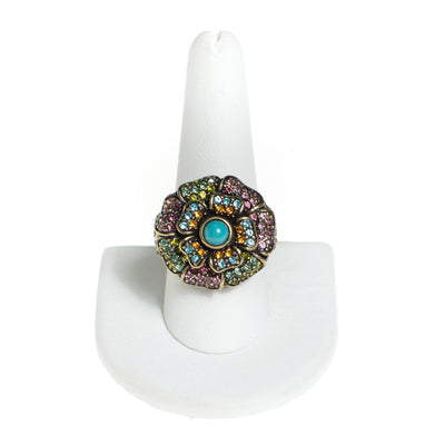 Vintage Heidi Daus Turquoise and Colorful Rhinestone Flower Statement Ring by Heidi Daus - Vintage Meet Modern Vintage Jewelry - Chicago, Illinois - #oldhollywoodglamour #vintagemeetmodern #designervintage #jewelrybox #antiquejewelry #vintagejewelry