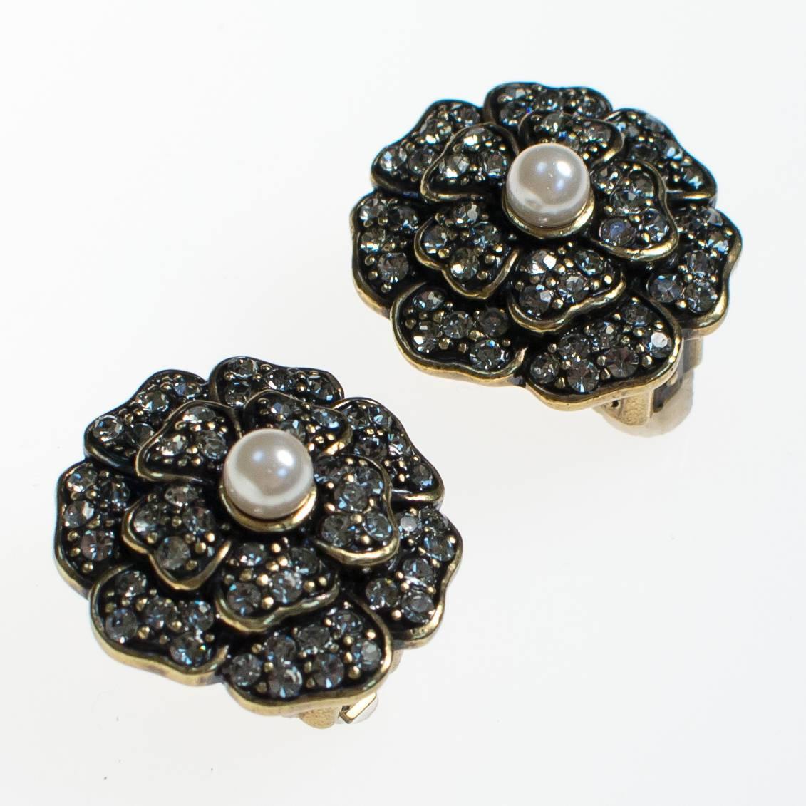 Vintage Heidi Daus Black Diamond Crystal and Pearl Flower Earrings, Clip On
