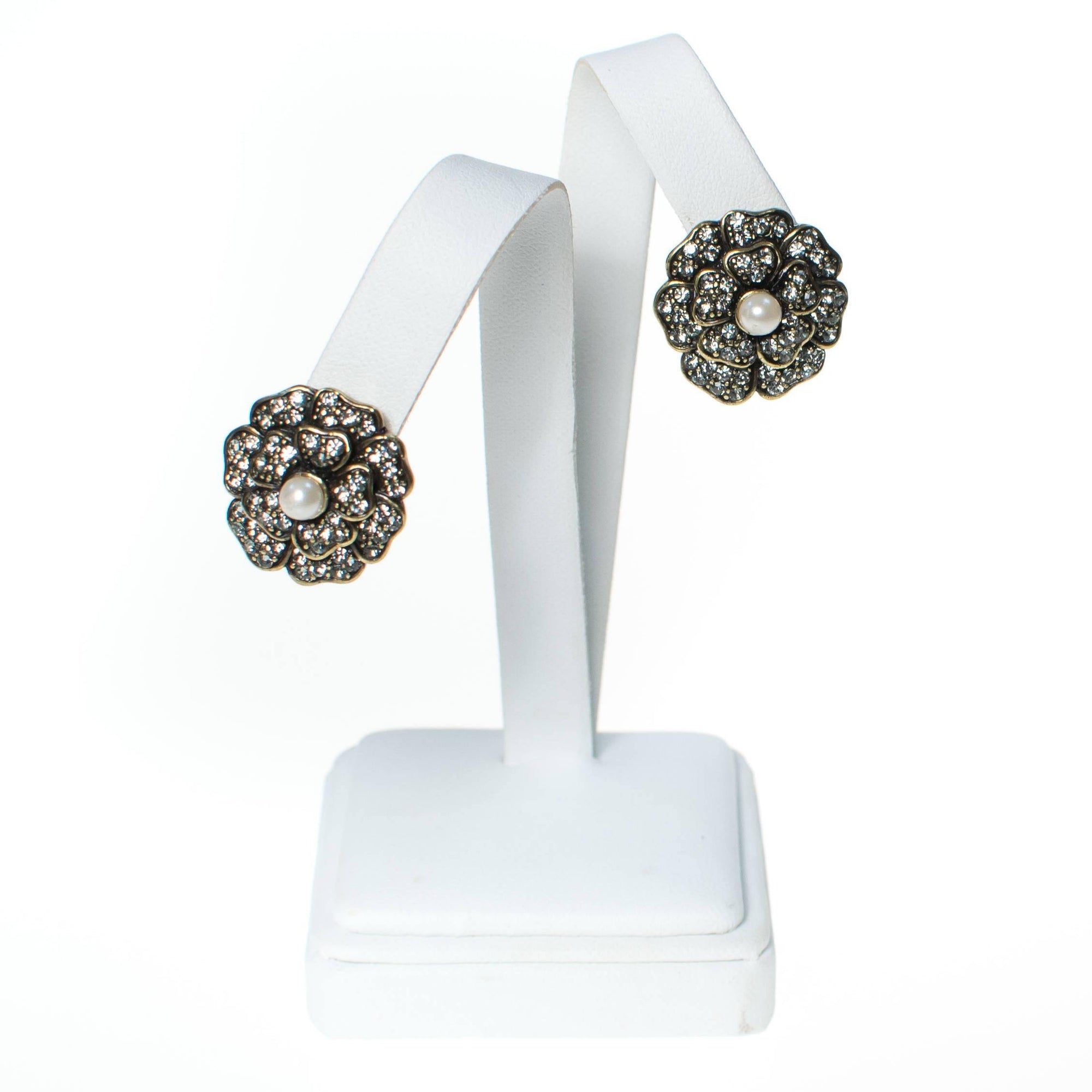 Vintage Heidi Daus Black Diamond Crystal and Pearl Flower Earrings, Clip On by Heidi Daus - Vintage Meet Modern Vintage Jewelry - Chicago, Illinois - #oldhollywoodglamour #vintagemeetmodern #designervintage #jewelrybox #antiquejewelry #vintagejewelry