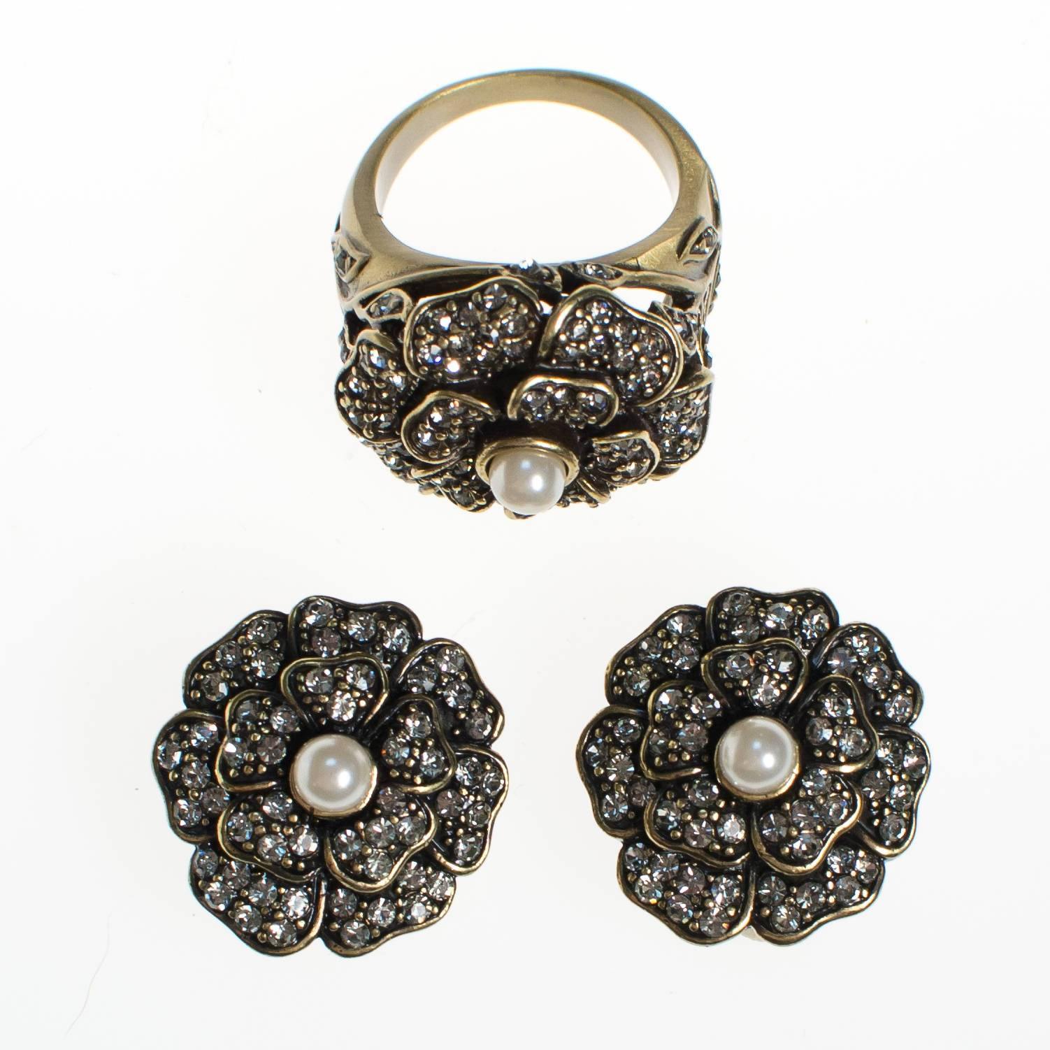Vintage Heidi Daus Black Diamond Crystal and Pearl Flower Earrings, Clip On by Heidi Daus - Vintage Meet Modern Vintage Jewelry - Chicago, Illinois - #oldhollywoodglamour #vintagemeetmodern #designervintage #jewelrybox #antiquejewelry #vintagejewelry