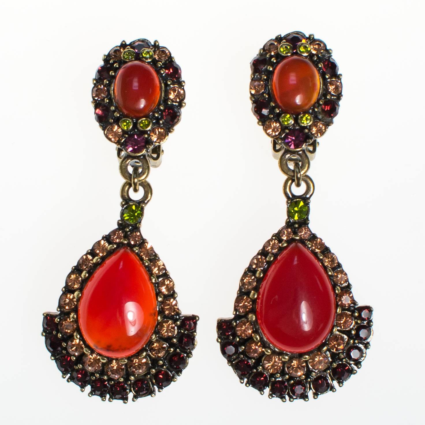 Vintage Heidi Daus Carnelian and Crystal Rhinestone Drop Earrings, Clip by Heidi Daus - Vintage Meet Modern Vintage Jewelry - Chicago, Illinois - #oldhollywoodglamour #vintagemeetmodern #designervintage #jewelrybox #antiquejewelry #vintagejewelry