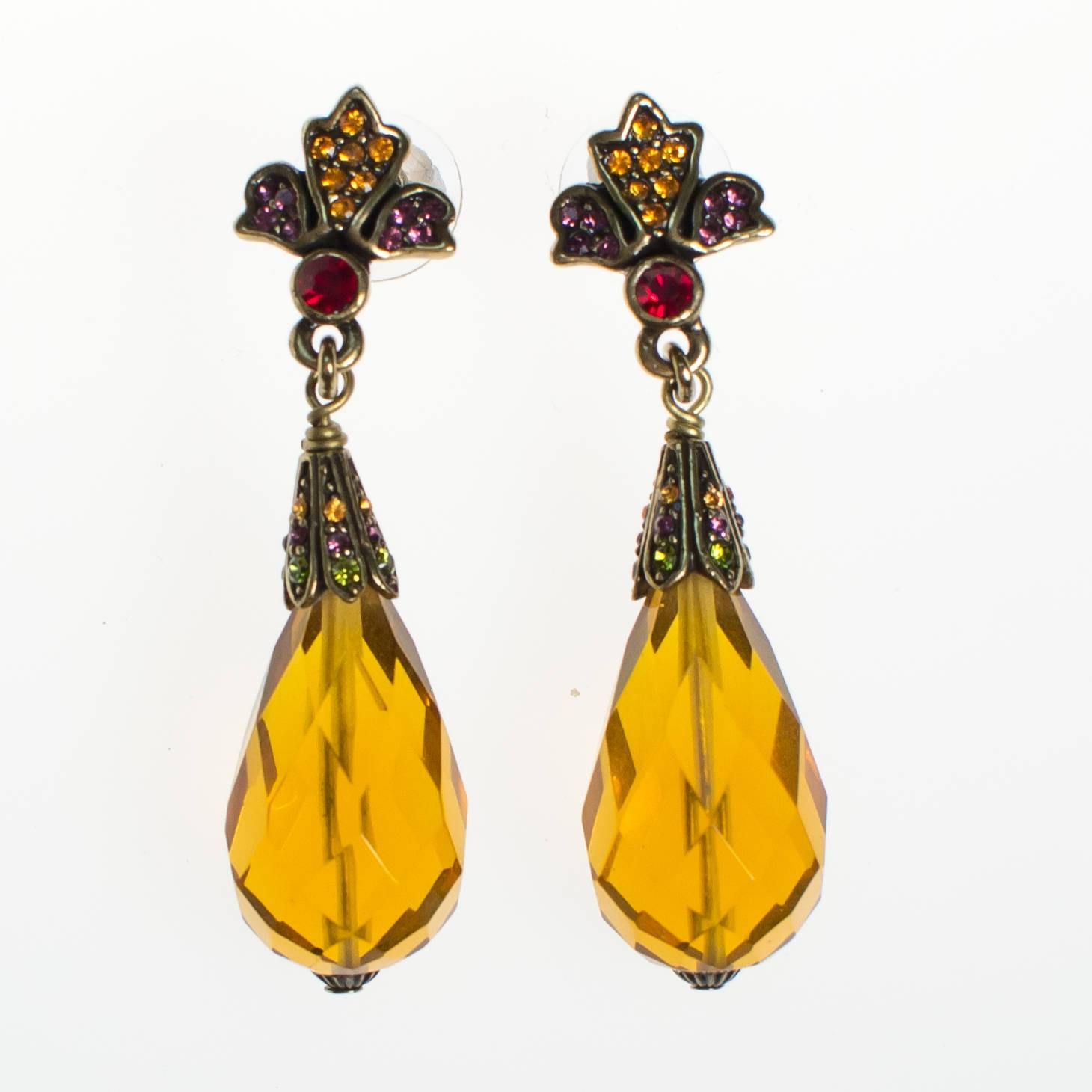 Vintage Heidi Daus Citrine Crystal and Amethyst, Garnet Rhinestone Dangling Drop Statement Earrings by Heidi Daus - Vintage Meet Modern Vintage Jewelry - Chicago, Illinois - #oldhollywoodglamour #vintagemeetmodern #designervintage #jewelrybox #antiquejewelry #vintagejewelry