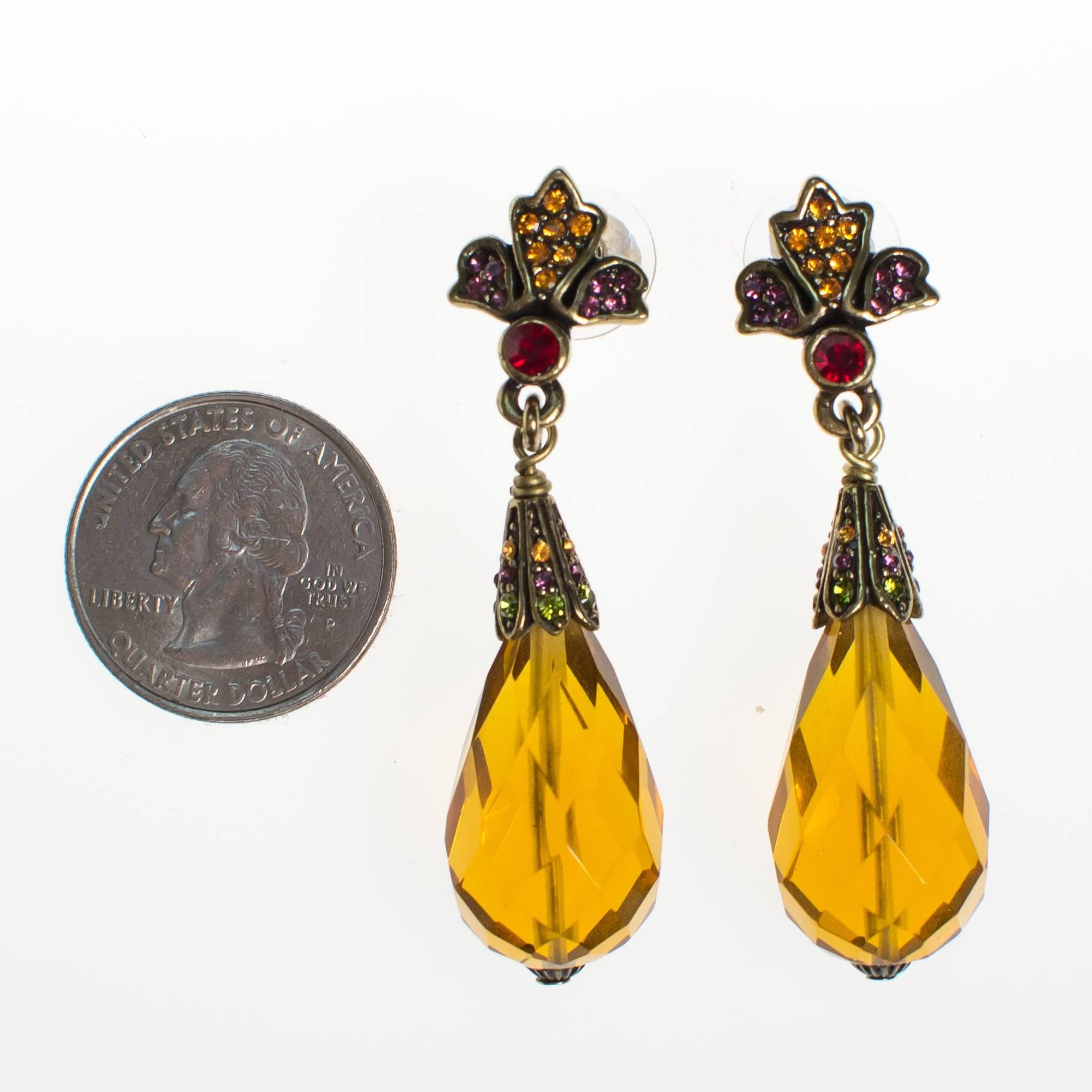 Vintage Heidi Daus Citrine Crystal and Amethyst, Garnet Rhinestone Dangling Drop Statement Earrings by Heidi Daus - Vintage Meet Modern Vintage Jewelry - Chicago, Illinois - #oldhollywoodglamour #vintagemeetmodern #designervintage #jewelrybox #antiquejewelry #vintagejewelry