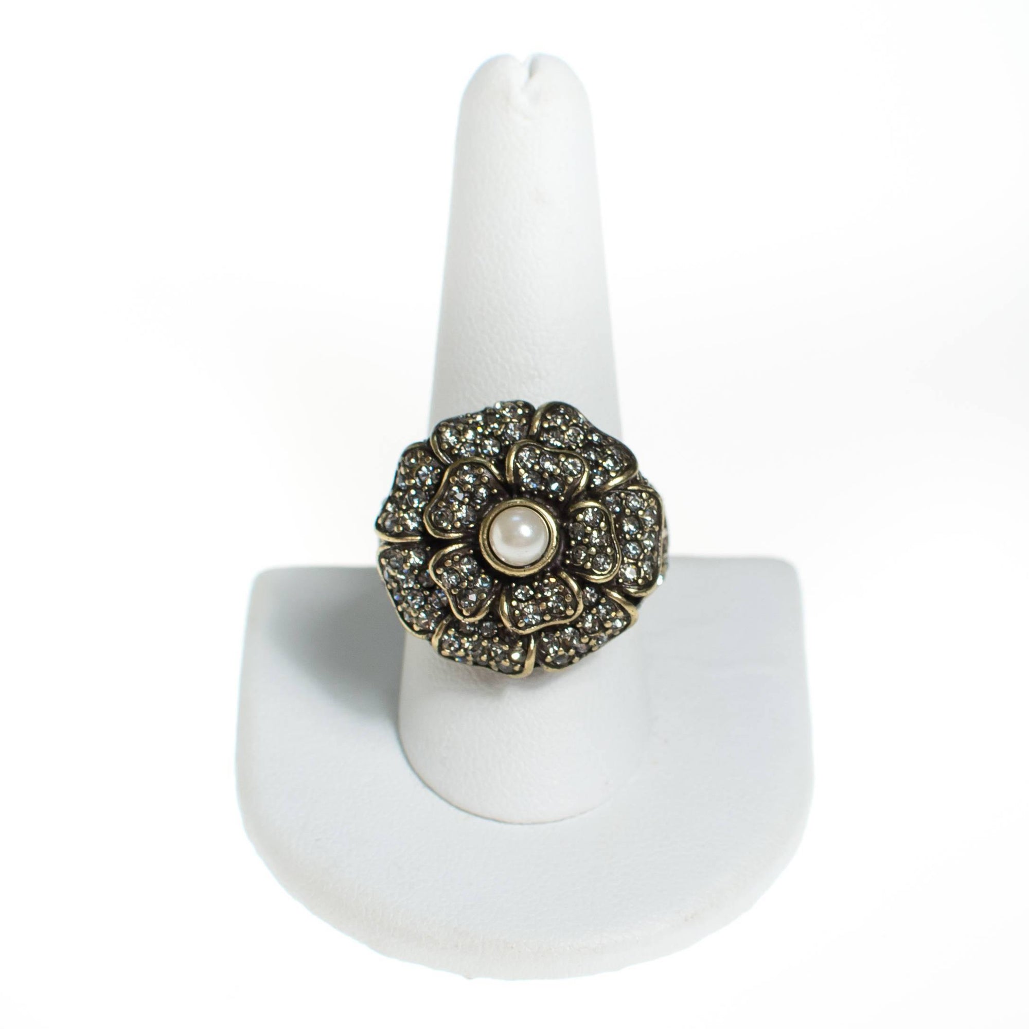 Vintage Heidi Daus Black Diamond and Faux Pearl Flower Statement Ring by Heidi Daus - Vintage Meet Modern Vintage Jewelry - Chicago, Illinois - #oldhollywoodglamour #vintagemeetmodern #designervintage #jewelrybox #antiquejewelry #vintagejewelry