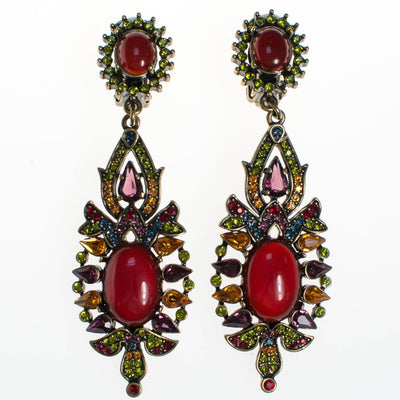 Vintage Heidi Daus Carnelian Cabochon and Colorful Crystal Statement Earrings, Long, Dramatic, Clip On by Heidi Daus - Vintage Meet Modern Vintage Jewelry - Chicago, Illinois - #oldhollywoodglamour #vintagemeetmodern #designervintage #jewelrybox #antiquejewelry #vintagejewelry