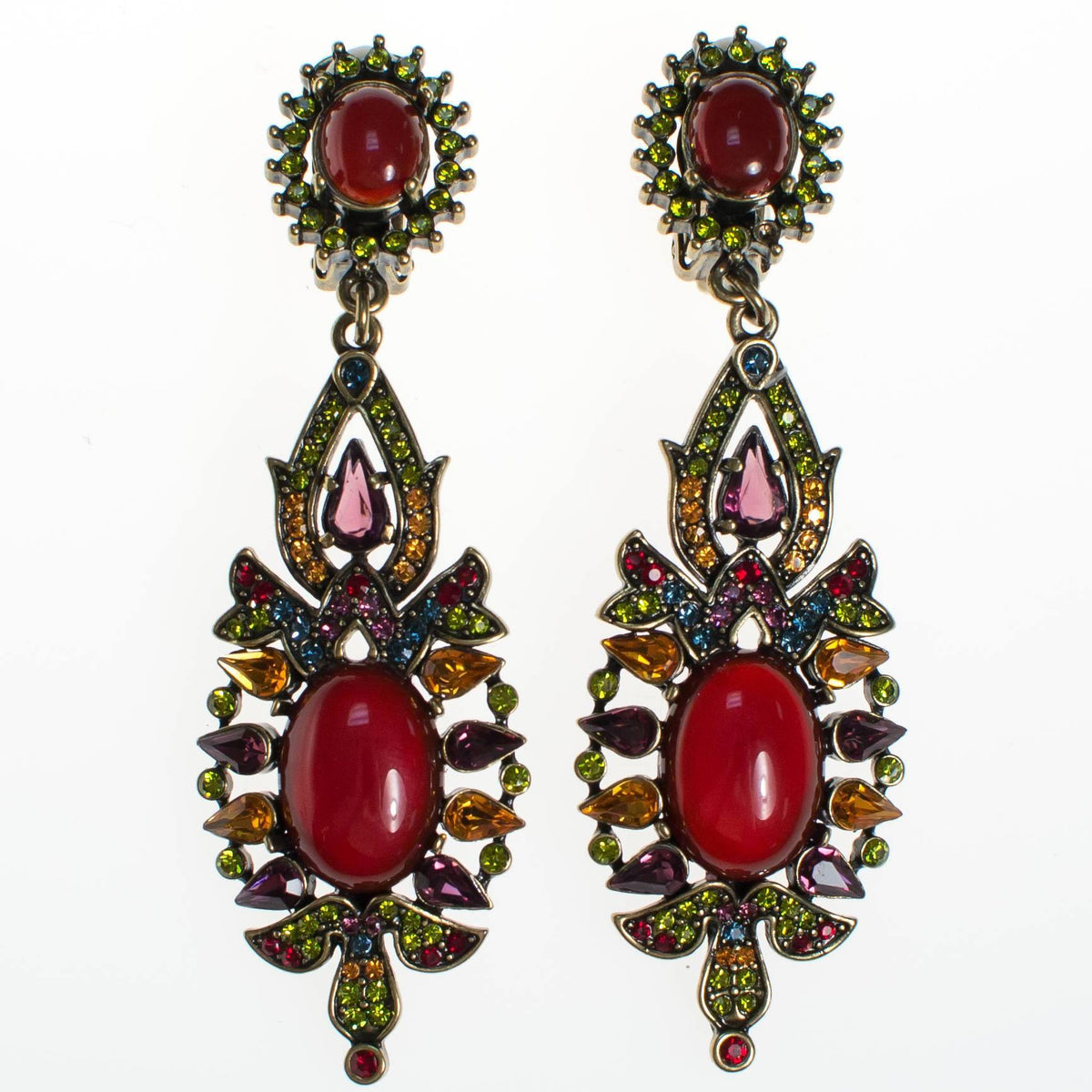 Vintage Heidi Daus Carnelian Cabochon and Colorful Crystal Statement Earrings, Long, Dramatic, Clip On