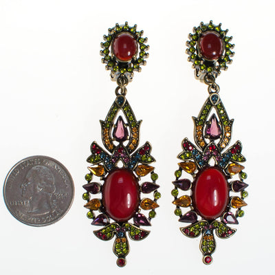 Vintage Heidi Daus Carnelian Cabochon and Colorful Crystal Statement Earrings, Long, Dramatic, Clip On by Heidi Daus - Vintage Meet Modern Vintage Jewelry - Chicago, Illinois - #oldhollywoodglamour #vintagemeetmodern #designervintage #jewelrybox #antiquejewelry #vintagejewelry