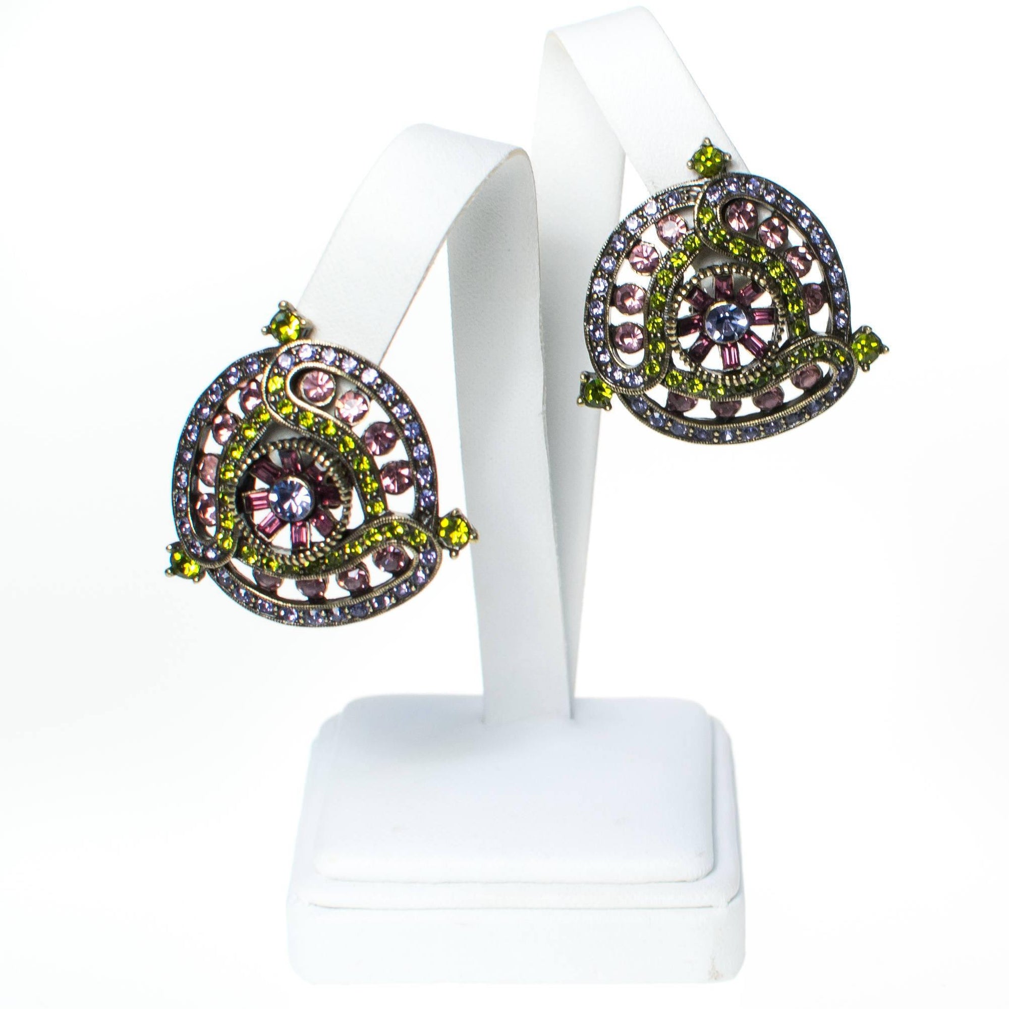 Vintage Heidi Daus Amethyst and Peridot Crystal Rhinestone Medallion Statement Earrings, Clip On by Heidi Daus - Vintage Meet Modern Vintage Jewelry - Chicago, Illinois - #oldhollywoodglamour #vintagemeetmodern #designervintage #jewelrybox #antiquejewelry #vintagejewelry