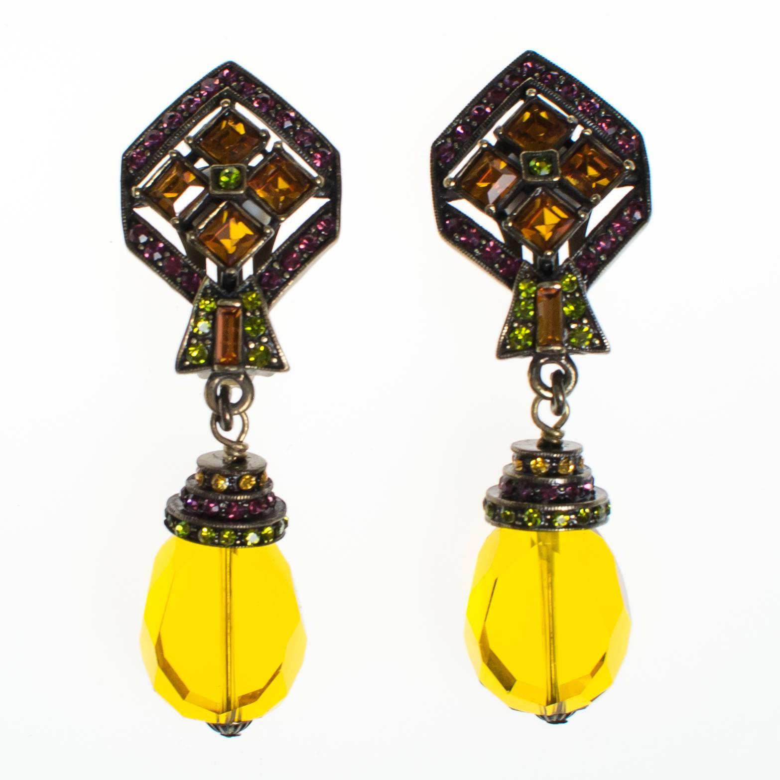 Vintage Heidi Daus Art Deco Style Citrine Crystal Drop Earrings with Amethyst, and Peridot Crystal Accents, Clip On by Heidi Daus - Vintage Meet Modern Vintage Jewelry - Chicago, Illinois - #oldhollywoodglamour #vintagemeetmodern #designervintage #jewelrybox #antiquejewelry #vintagejewelry