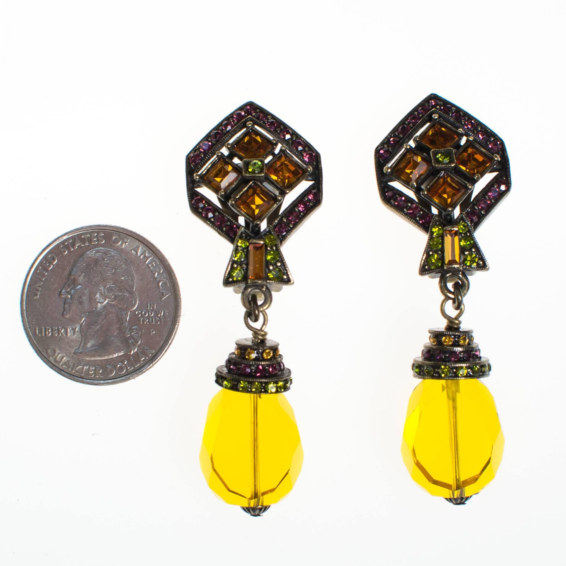 Vintage Heidi Daus Art Deco Style Citrine Crystal Drop Earrings with Amethyst, and Peridot Crystal Accents, Clip On by Heidi Daus - Vintage Meet Modern Vintage Jewelry - Chicago, Illinois - #oldhollywoodglamour #vintagemeetmodern #designervintage #jewelrybox #antiquejewelry #vintagejewelry