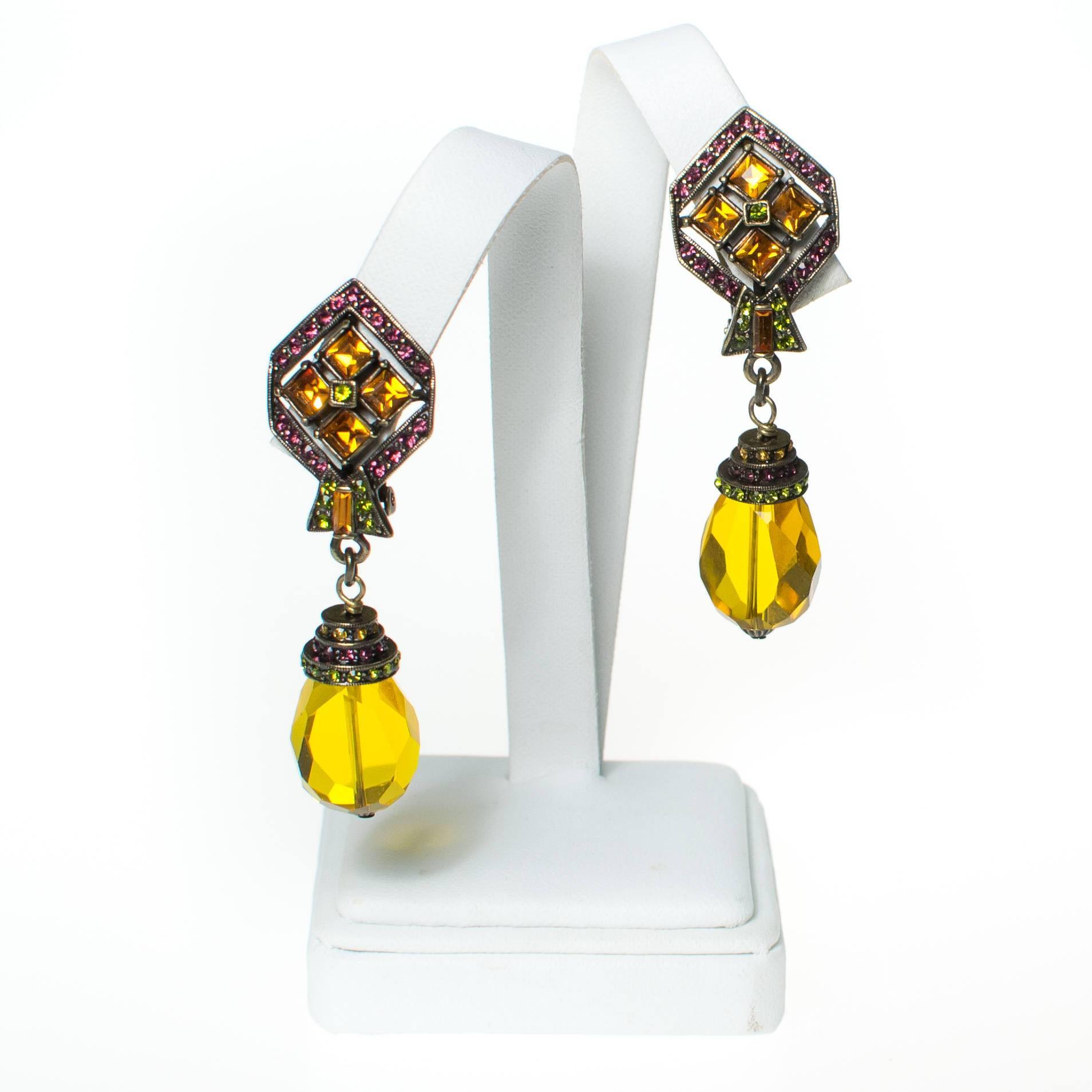 Vintage Heidi Daus Art Deco Style Citrine Crystal Drop Earrings with Amethyst, and Peridot Crystal Accents, Clip On by Heidi Daus - Vintage Meet Modern Vintage Jewelry - Chicago, Illinois - #oldhollywoodglamour #vintagemeetmodern #designervintage #jewelrybox #antiquejewelry #vintagejewelry