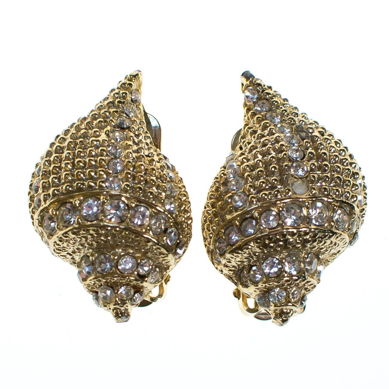 Vintage Kenneth Lane Gold Seashell Earrings with Rhinestones
