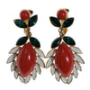 Vintage Marvella Jewels of India Coral Cabochon and and Emerald Rhinestone White Enamel Dangling Drop Statement Earrings by Marvella Jewels of India - Vintage Meet Modern Vintage Jewelry - Chicago, Illinois - #oldhollywoodglamour #vintagemeetmodern #designervintage #jewelrybox #antiquejewelry #vintagejewelry