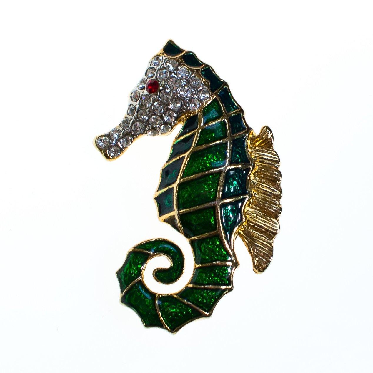 Vintage Seahorse Brooch Green Enamel with Pave Crystal Rhinestones by 1980s - Vintage Meet Modern Vintage Jewelry - Chicago, Illinois - #oldhollywoodglamour #vintagemeetmodern #designervintage #jewelrybox #antiquejewelry #vintagejewelry