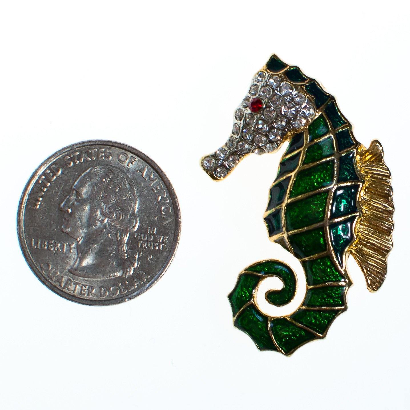 Vintage Seahorse Brooch Green Enamel with Pave Crystal Rhinestones by 1980s - Vintage Meet Modern Vintage Jewelry - Chicago, Illinois - #oldhollywoodglamour #vintagemeetmodern #designervintage #jewelrybox #antiquejewelry #vintagejewelry