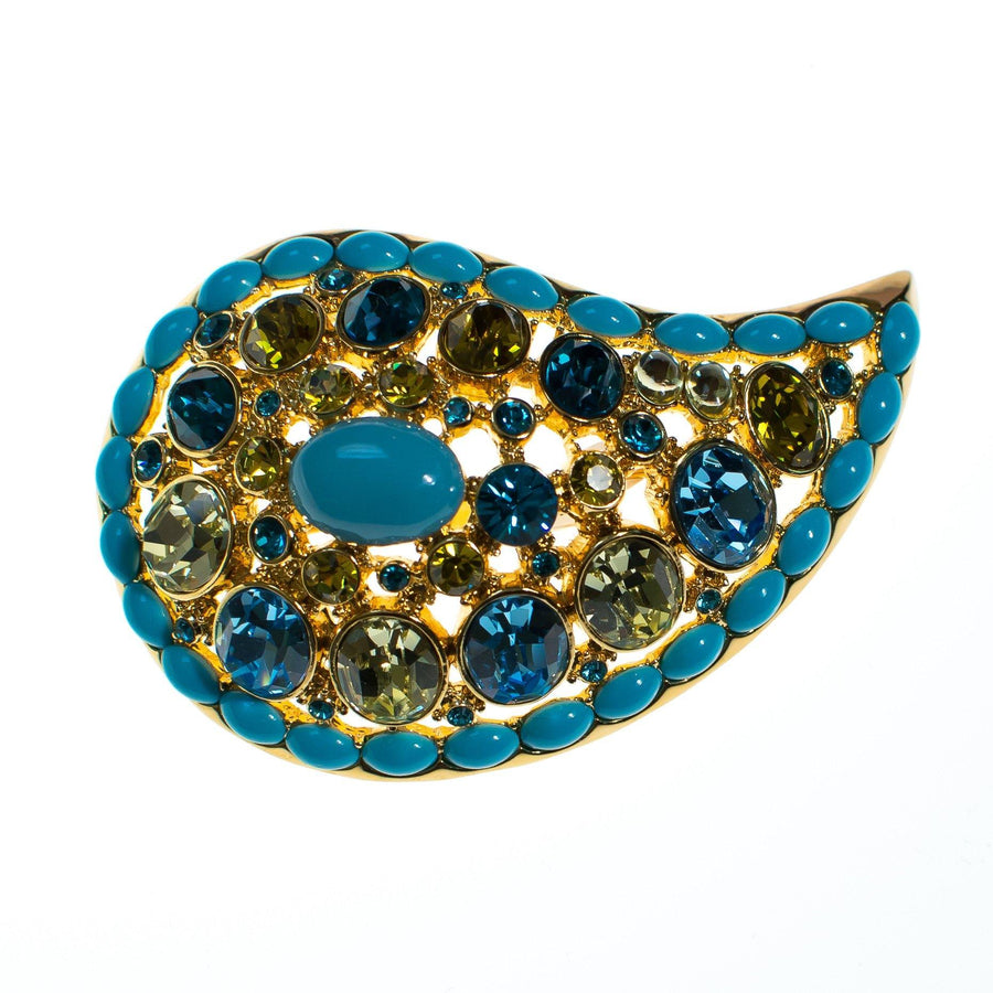 Vintage Joan Rivers Paisley Turquoise, Blue and Light Green Crystal Rhinestone Brooch by Joan Rivers - Vintage Meet Modern Vintage Jewelry - Chicago, Illinois - #oldhollywoodglamour #vintagemeetmodern #designervintage #jewelrybox #antiquejewelry #vintagejewelry