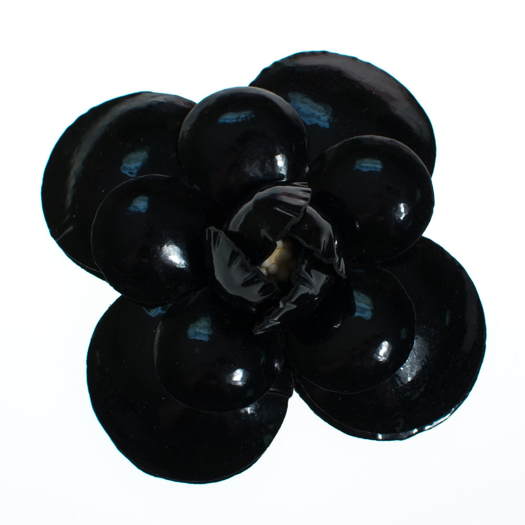 Vintage Black Leather Camellia Flower Pin by 1980s - Vintage Meet Modern Vintage Jewelry - Chicago, Illinois - #oldhollywoodglamour #vintagemeetmodern #designervintage #jewelrybox #antiquejewelry #vintagejewelry