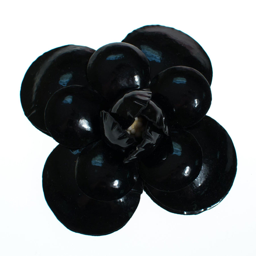 Vintage Black Leather Camellia Flower Pin by 1980s - Vintage Meet Modern Vintage Jewelry - Chicago, Illinois - #oldhollywoodglamour #vintagemeetmodern #designervintage #jewelrybox #antiquejewelry #vintagejewelry