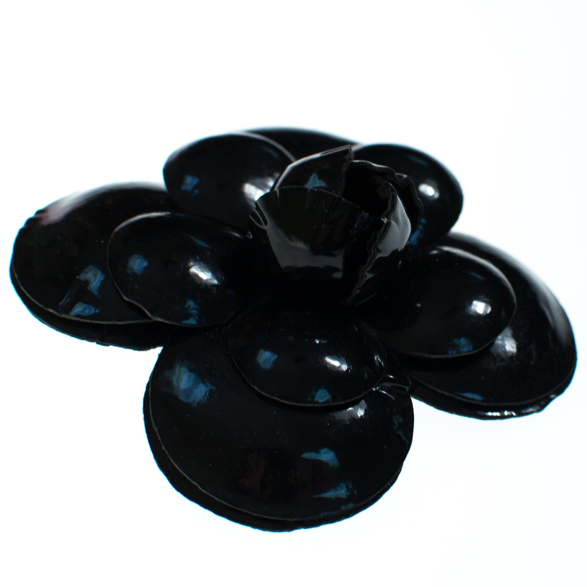 Vintage Black Leather Camellia Flower Pin by 1980s - Vintage Meet Modern Vintage Jewelry - Chicago, Illinois - #oldhollywoodglamour #vintagemeetmodern #designervintage #jewelrybox #antiquejewelry #vintagejewelry