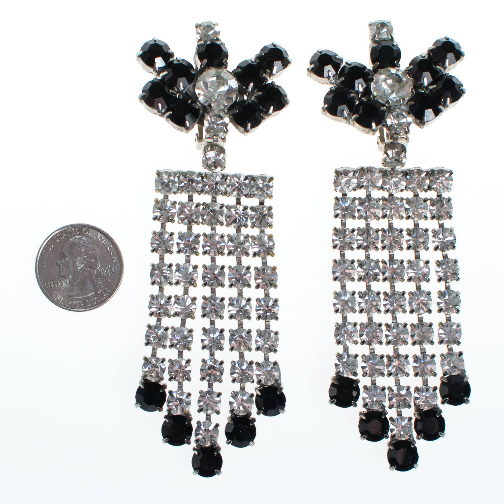 Vintage Clear and Crystal and Jet Black Rhinestone Chandelier Earrings by 1960s - Vintage Meet Modern Vintage Jewelry - Chicago, Illinois - #oldhollywoodglamour #vintagemeetmodern #designervintage #jewelrybox #antiquejewelry #vintagejewelry