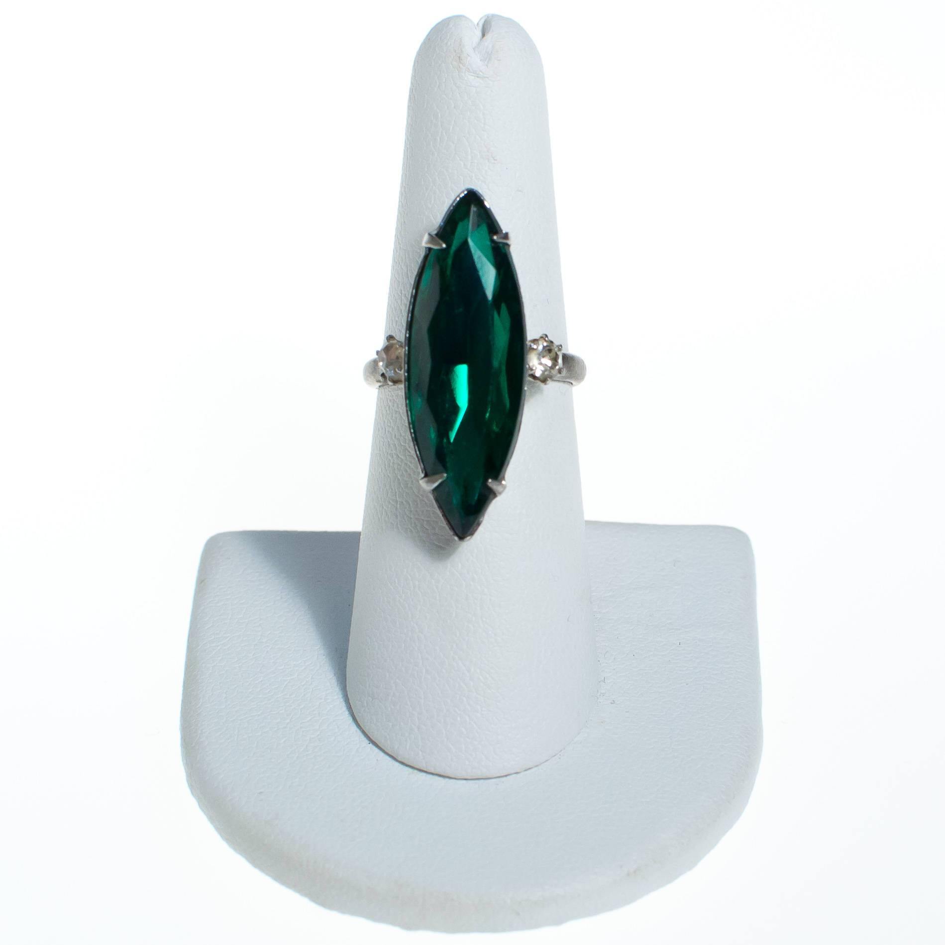 Vintage Emerald Green Crystal Marquise Statement Ring by 1950s - Vintage Meet Modern Vintage Jewelry - Chicago, Illinois - #oldhollywoodglamour #vintagemeetmodern #designervintage #jewelrybox #antiquejewelry #vintagejewelry