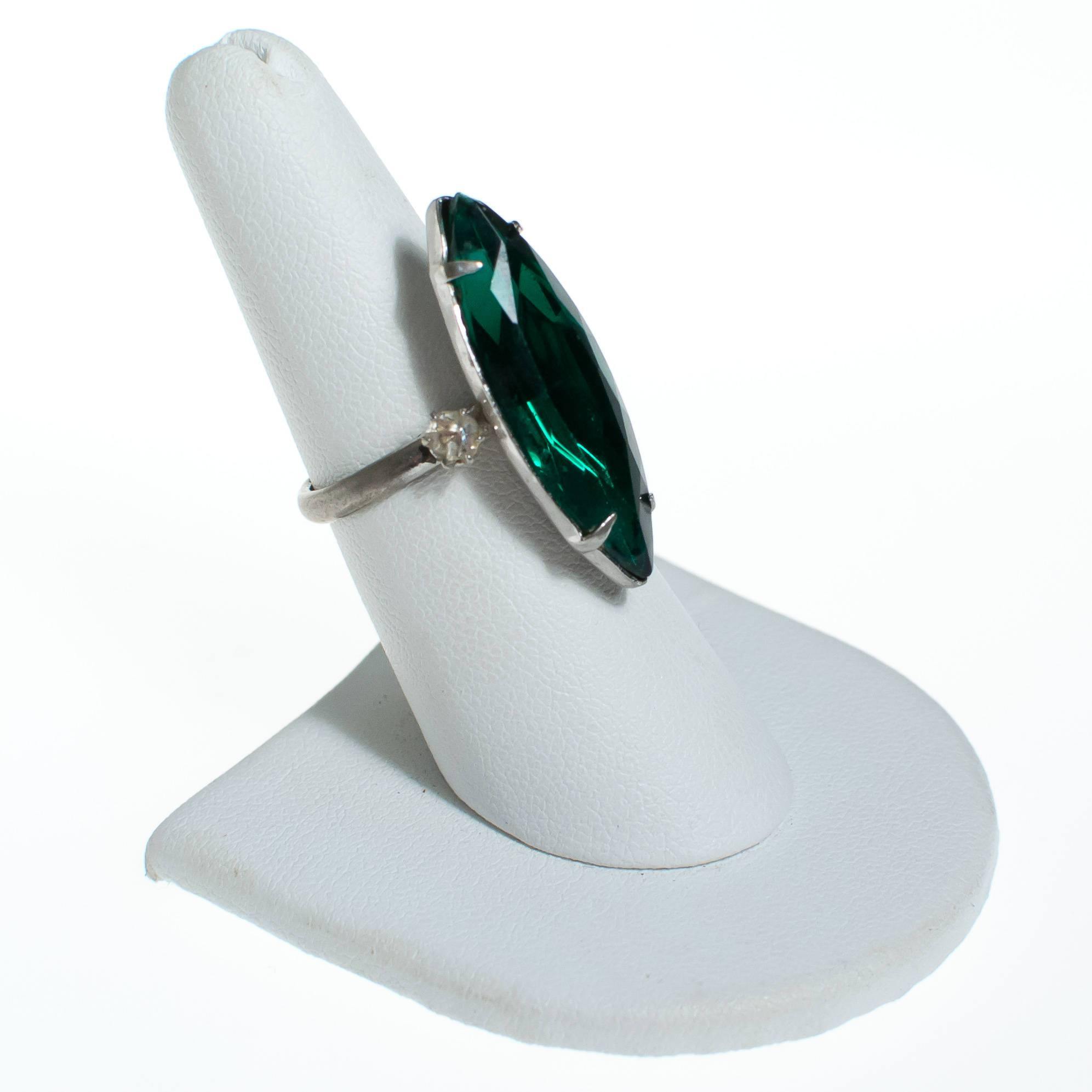 Vintage Emerald Green Crystal Marquise Statement Ring by 1950s - Vintage Meet Modern Vintage Jewelry - Chicago, Illinois - #oldhollywoodglamour #vintagemeetmodern #designervintage #jewelrybox #antiquejewelry #vintagejewelry