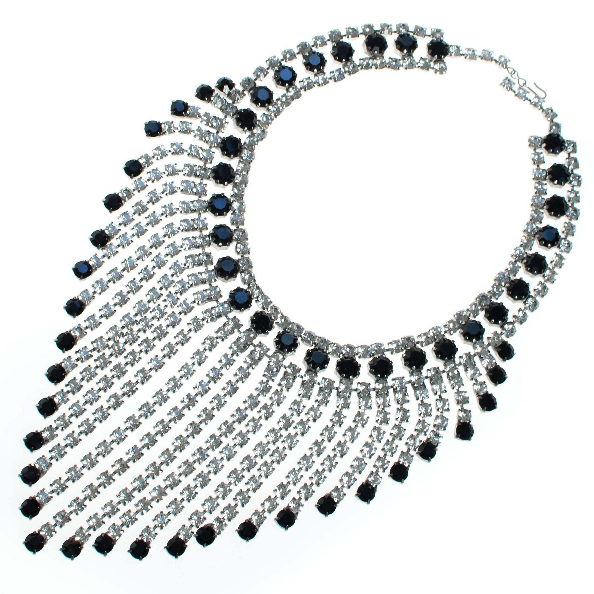 Massive Rhinestone Bib Necklace with Jet Black and Clear Rhinestones by 1960s - Vintage Meet Modern Vintage Jewelry - Chicago, Illinois - #oldhollywoodglamour #vintagemeetmodern #designervintage #jewelrybox #antiquejewelry #vintagejewelry
