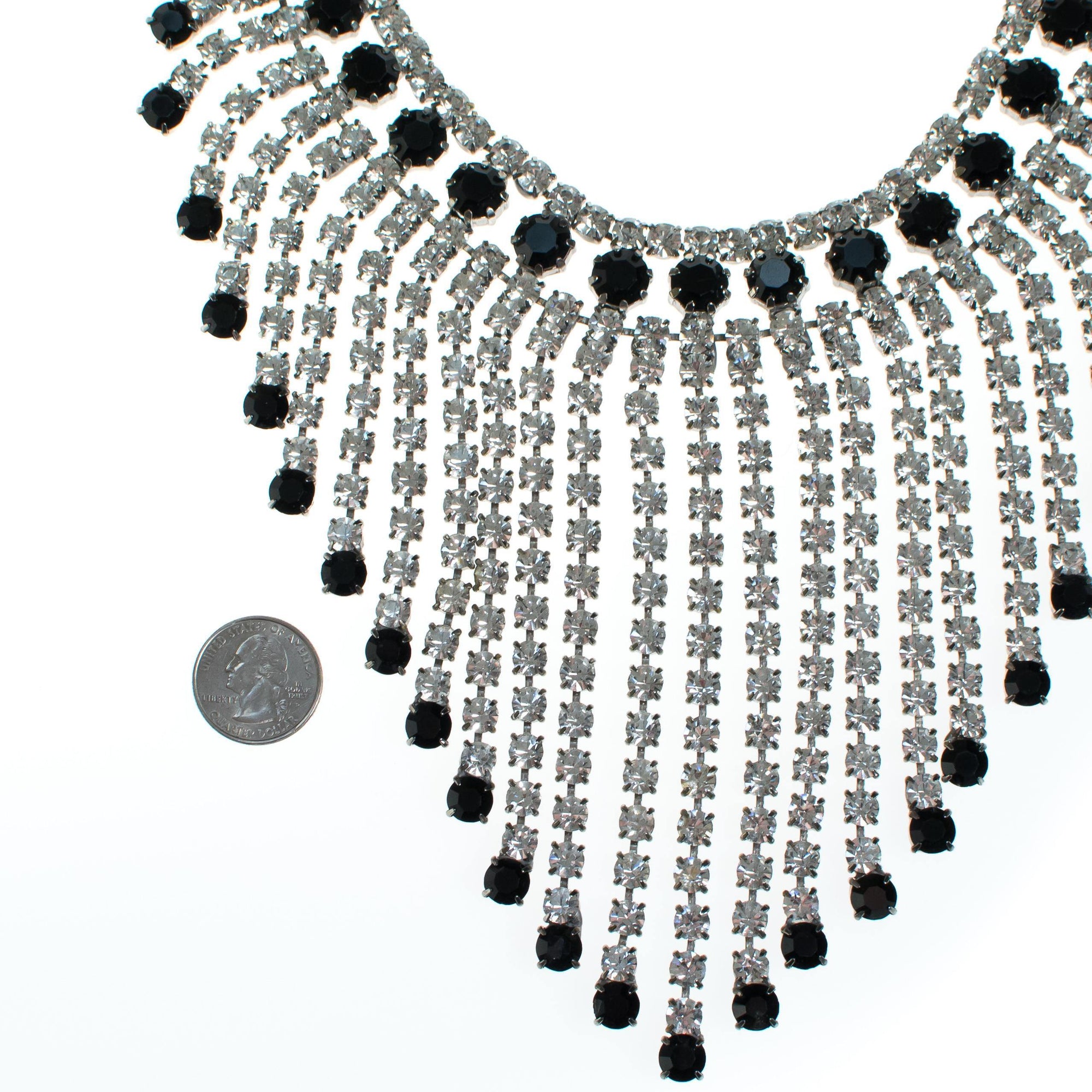 Massive Rhinestone Bib Necklace with Jet Black and Clear Rhinestones by 1960s - Vintage Meet Modern Vintage Jewelry - Chicago, Illinois - #oldhollywoodglamour #vintagemeetmodern #designervintage #jewelrybox #antiquejewelry #vintagejewelry
