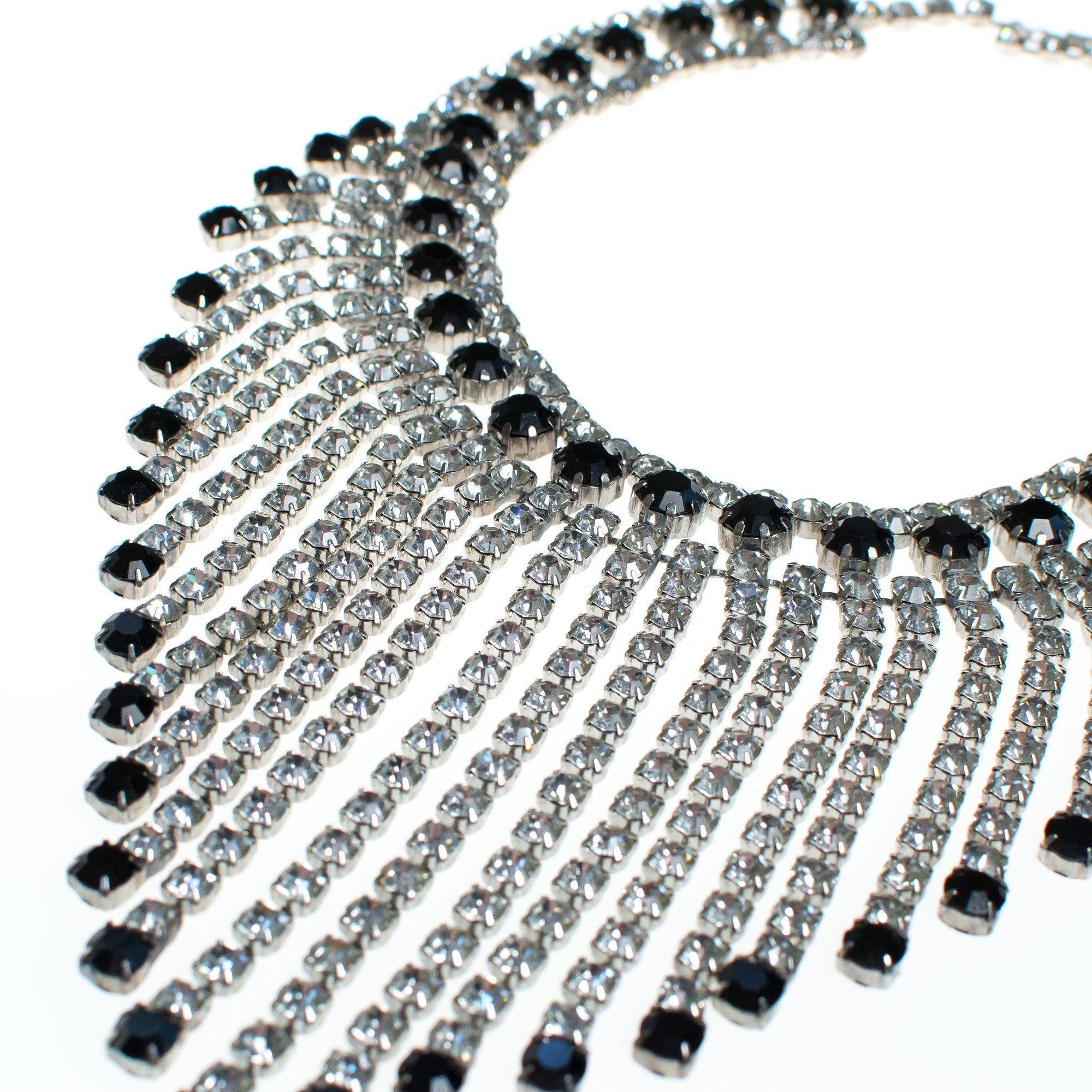 Massive Rhinestone Bib Necklace with Jet Black and Clear Rhinestones by 1960s - Vintage Meet Modern Vintage Jewelry - Chicago, Illinois - #oldhollywoodglamour #vintagemeetmodern #designervintage #jewelrybox #antiquejewelry #vintagejewelry