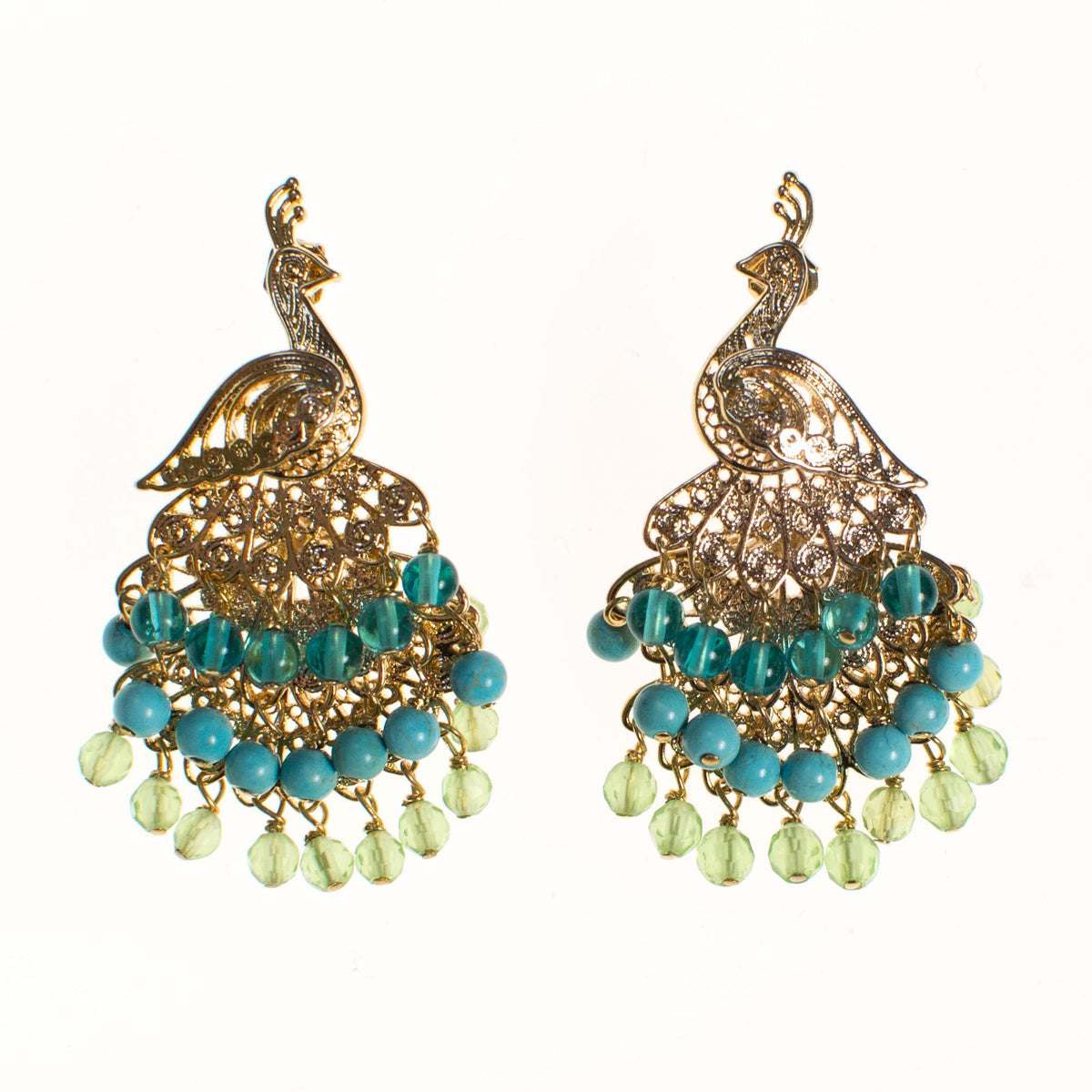 Vintage Peacock Statement Earrings with Turquoise and Lemon Citrine Crystal Beads