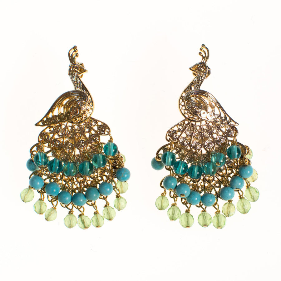 Vintage Peacock Statement Earrings with Turquoise and Lemon Citrine Crystal Beads by 1990s - Vintage Meet Modern Vintage Jewelry - Chicago, Illinois - #oldhollywoodglamour #vintagemeetmodern #designervintage #jewelrybox #antiquejewelry #vintagejewelry