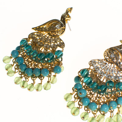 Vintage Peacock Statement Earrings with Turquoise and Lemon Citrine Crystal Beads by 1990s - Vintage Meet Modern Vintage Jewelry - Chicago, Illinois - #oldhollywoodglamour #vintagemeetmodern #designervintage #jewelrybox #antiquejewelry #vintagejewelry