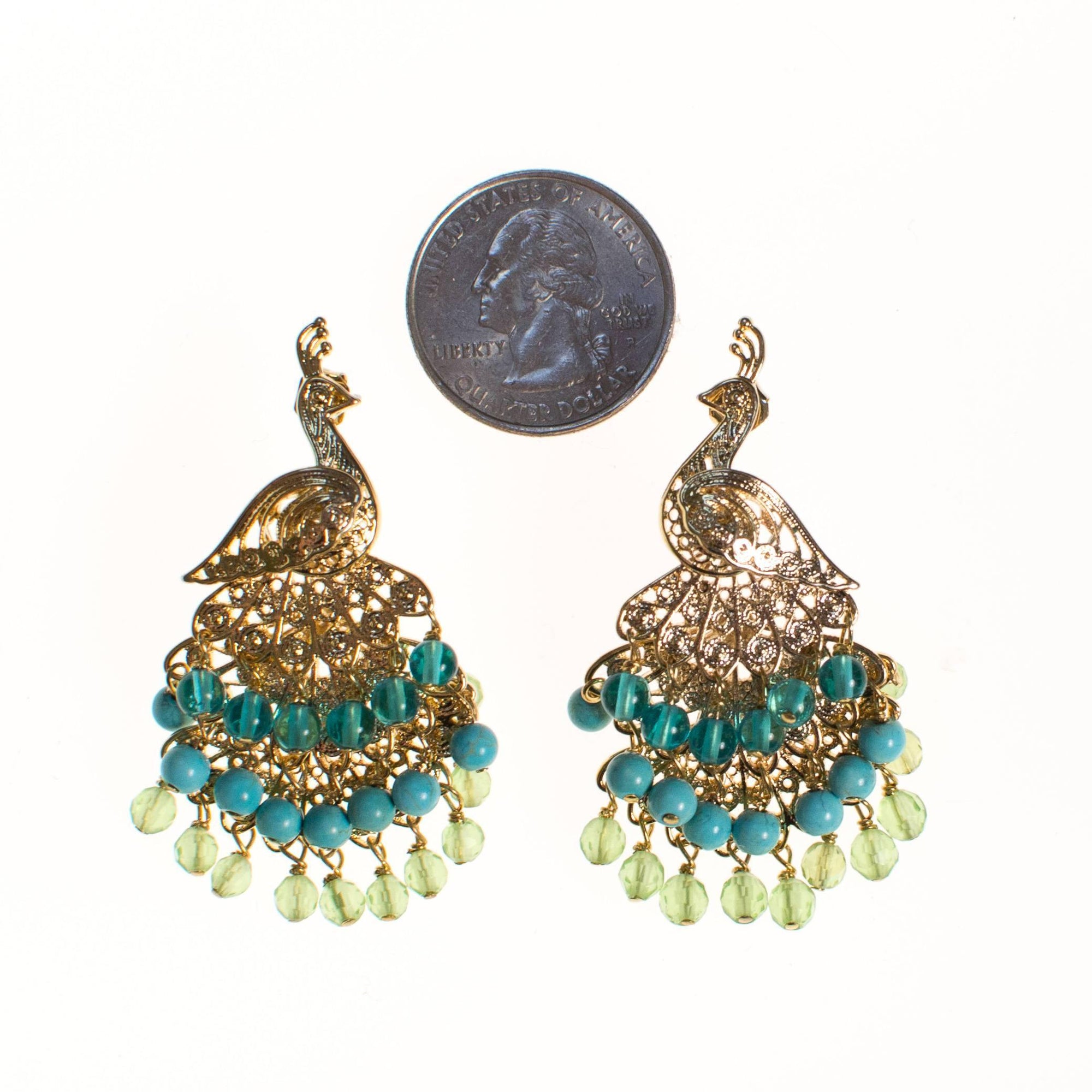 Vintage Peacock Statement Earrings with Turquoise and Lemon Citrine Crystal Beads by 1990s - Vintage Meet Modern Vintage Jewelry - Chicago, Illinois - #oldhollywoodglamour #vintagemeetmodern #designervintage #jewelrybox #antiquejewelry #vintagejewelry