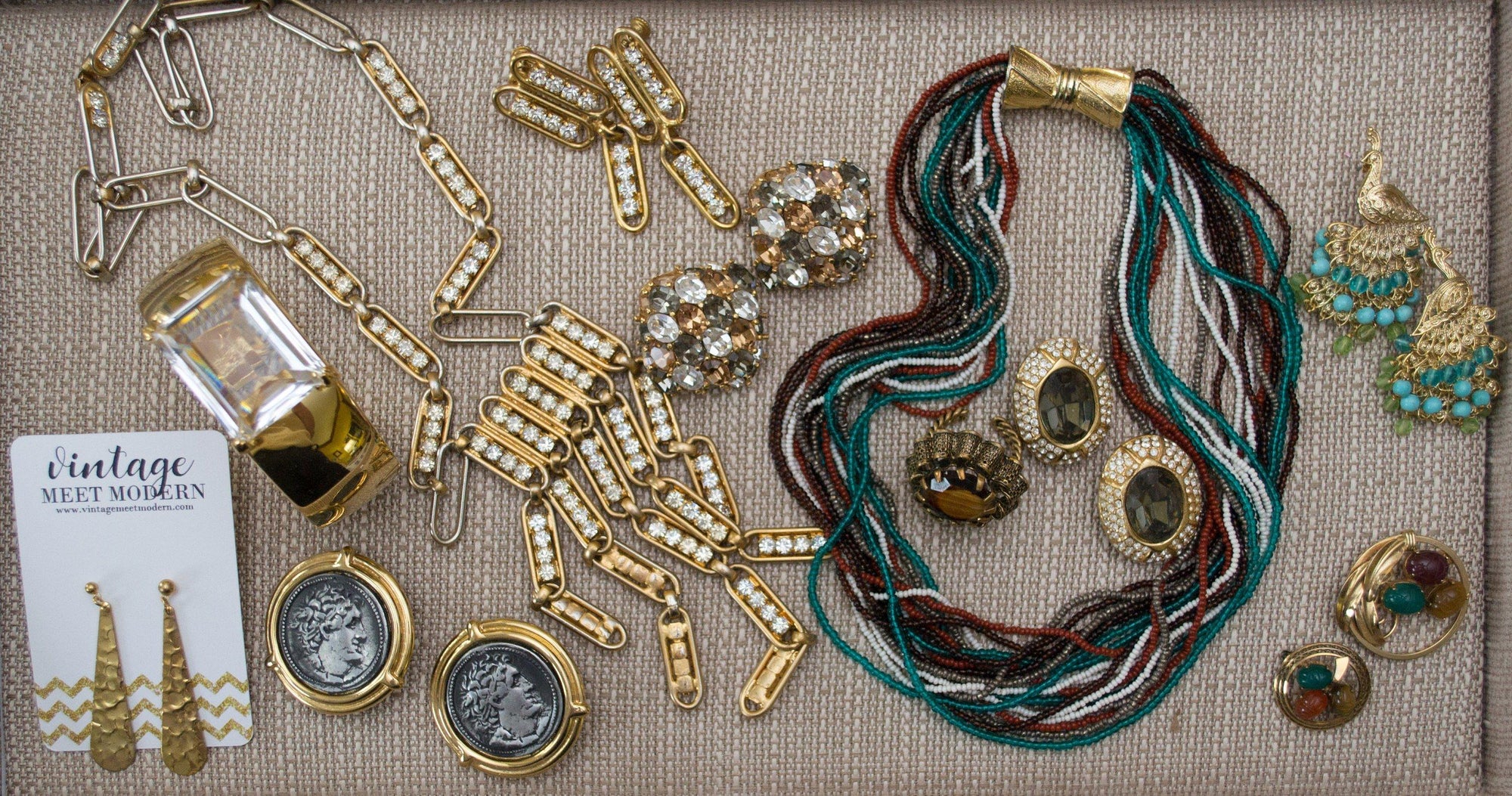 Vintage Peacock Statement Earrings with Turquoise and Lemon Citrine Crystal Beads by 1990s - Vintage Meet Modern Vintage Jewelry - Chicago, Illinois - #oldhollywoodglamour #vintagemeetmodern #designervintage #jewelrybox #antiquejewelry #vintagejewelry