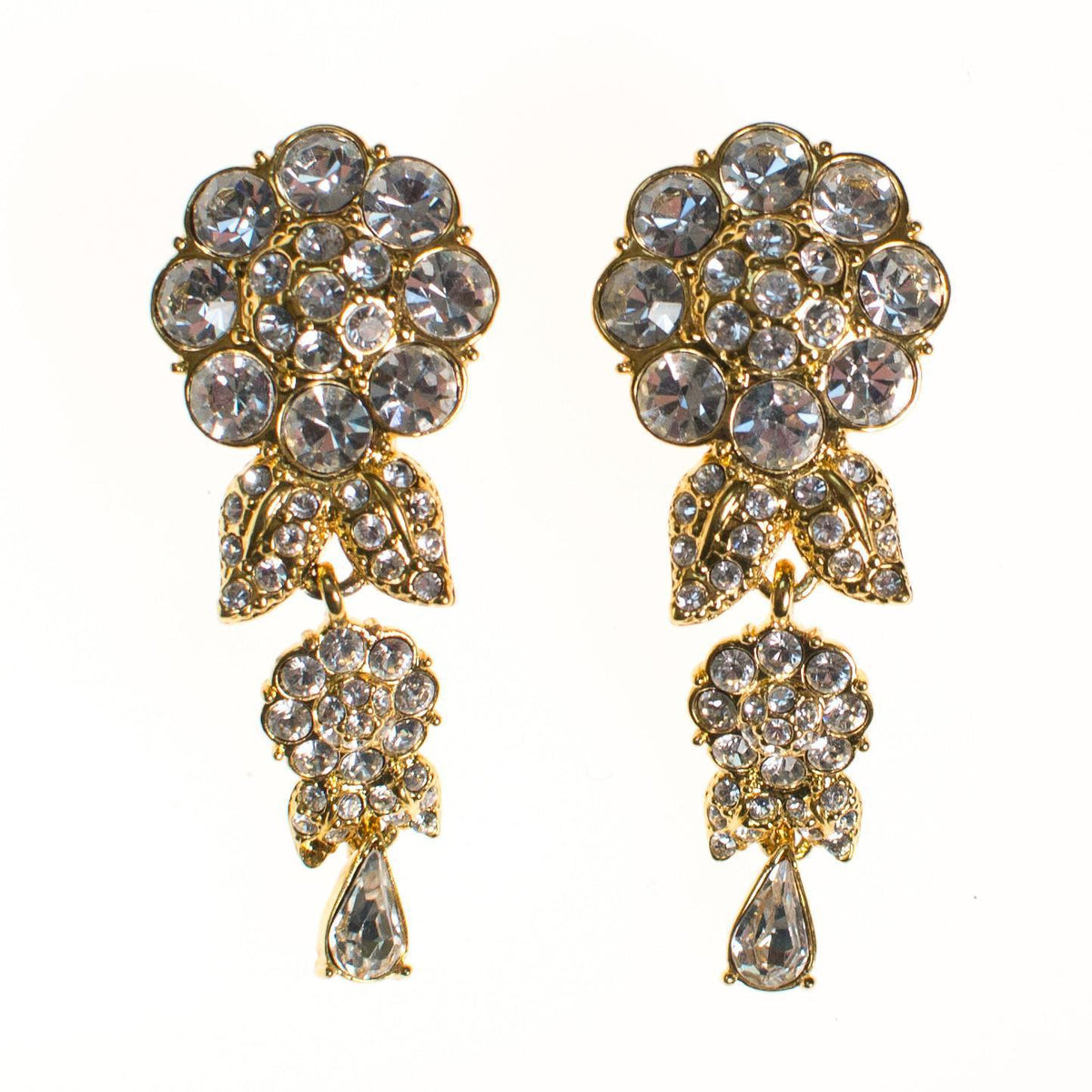 Vintage Camelia Flower Crystal Rhinestones Dangling Statement Earrings, Clip On