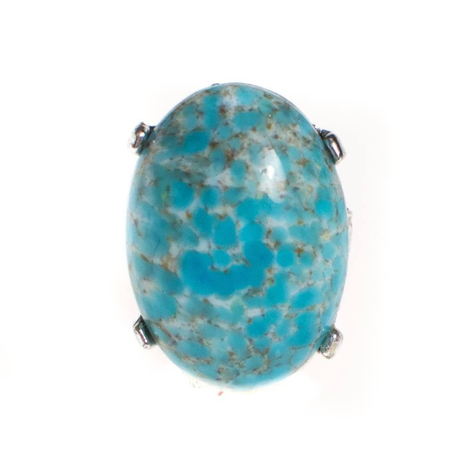 Vintage Turquoise Art Glass Cabochon Statement Ring, Silver Tone Setting, Adjustable by 1960s - Vintage Meet Modern Vintage Jewelry - Chicago, Illinois - #oldhollywoodglamour #vintagemeetmodern #designervintage #jewelrybox #antiquejewelry #vintagejewelry