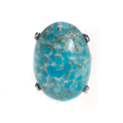 Vintage Turquoise Art Glass Cabochon Statement Ring, Silver Tone Setting, Adjustable by 1960s - Vintage Meet Modern Vintage Jewelry - Chicago, Illinois - #oldhollywoodglamour #vintagemeetmodern #designervintage #jewelrybox #antiquejewelry #vintagejewelry
