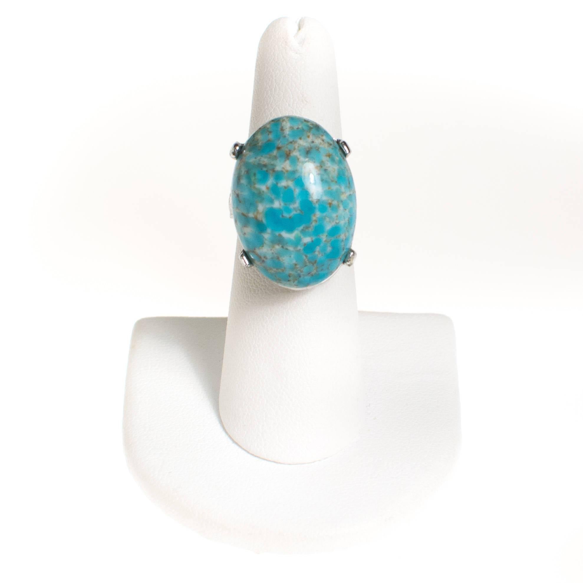 Vintage Turquoise Art Glass Cabochon Statement Ring, Silver Tone Setting, Adjustable by 1960s - Vintage Meet Modern Vintage Jewelry - Chicago, Illinois - #oldhollywoodglamour #vintagemeetmodern #designervintage #jewelrybox #antiquejewelry #vintagejewelry
