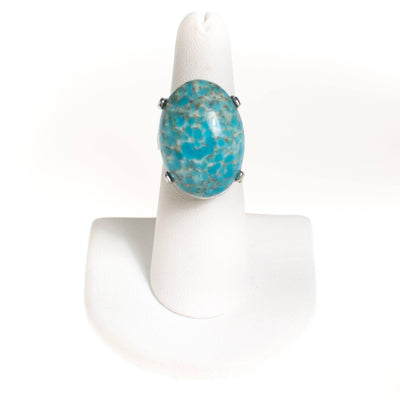 Vintage Turquoise Art Glass Cabochon Statement Ring, Silver Tone Setting, Adjustable by 1960s - Vintage Meet Modern Vintage Jewelry - Chicago, Illinois - #oldhollywoodglamour #vintagemeetmodern #designervintage #jewelrybox #antiquejewelry #vintagejewelry