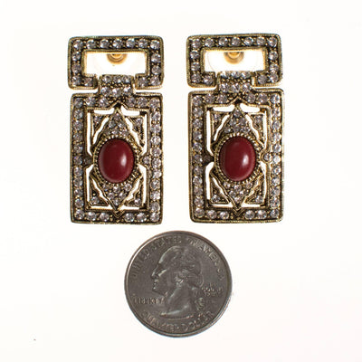 Vintage Art Deco Revival Gold Statement Earrings with Rhinestones and Carnelian Lucite Cabochon by Art Deco - Vintage Meet Modern Vintage Jewelry - Chicago, Illinois - #oldhollywoodglamour #vintagemeetmodern #designervintage #jewelrybox #antiquejewelry #vintagejewelry