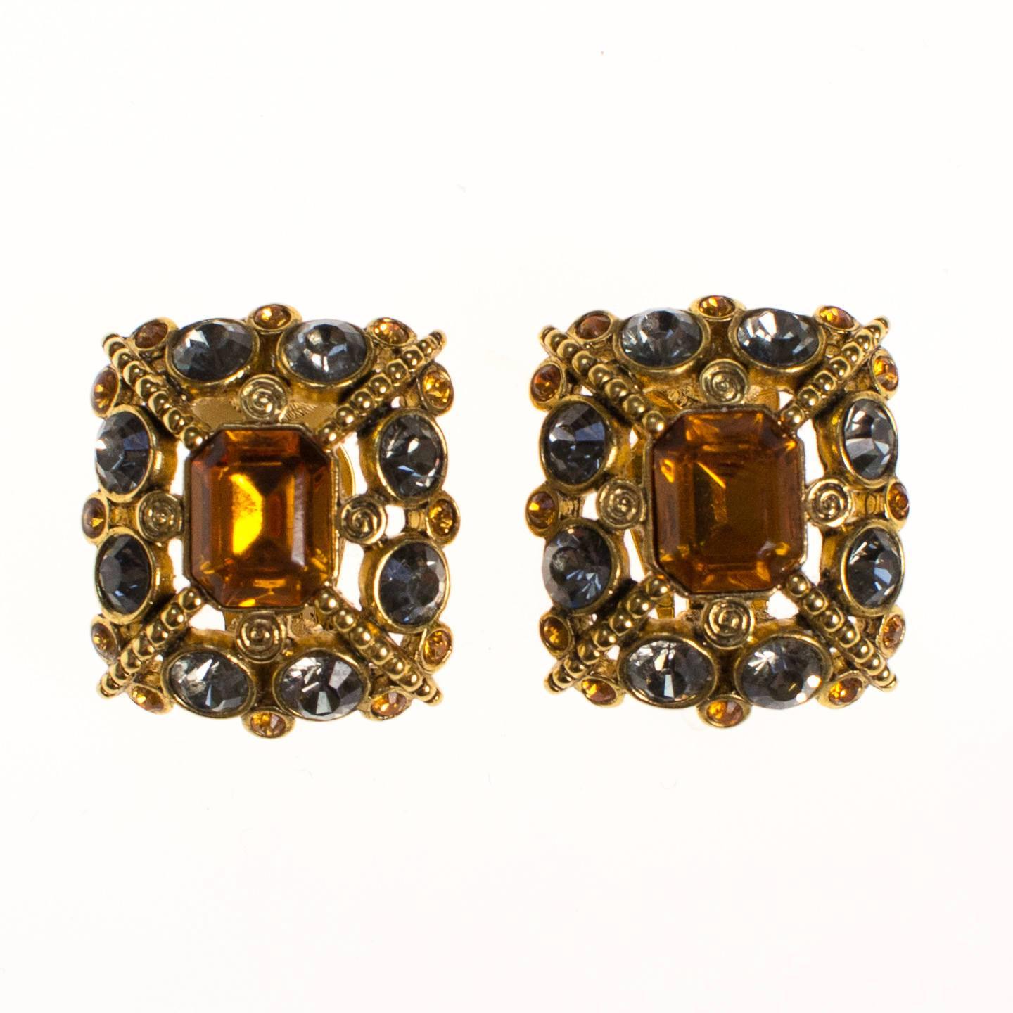 Vintage Joan Rivers Golden Citrine Rhinestones and Black Diamond Rhinestones Statement Earrings by Joan Rivers - Vintage Meet Modern Vintage Jewelry - Chicago, Illinois - #oldhollywoodglamour #vintagemeetmodern #designervintage #jewelrybox #antiquejewelry #vintagejewelry